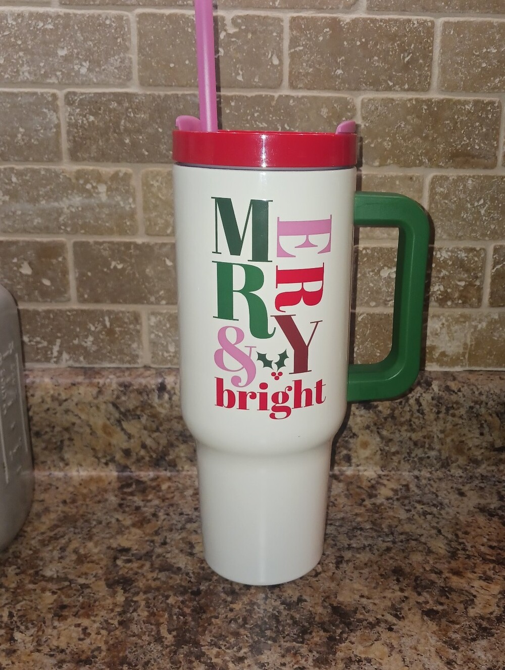 Hobby Lobby White Travel Tumbler with Pink Red and Green Accents